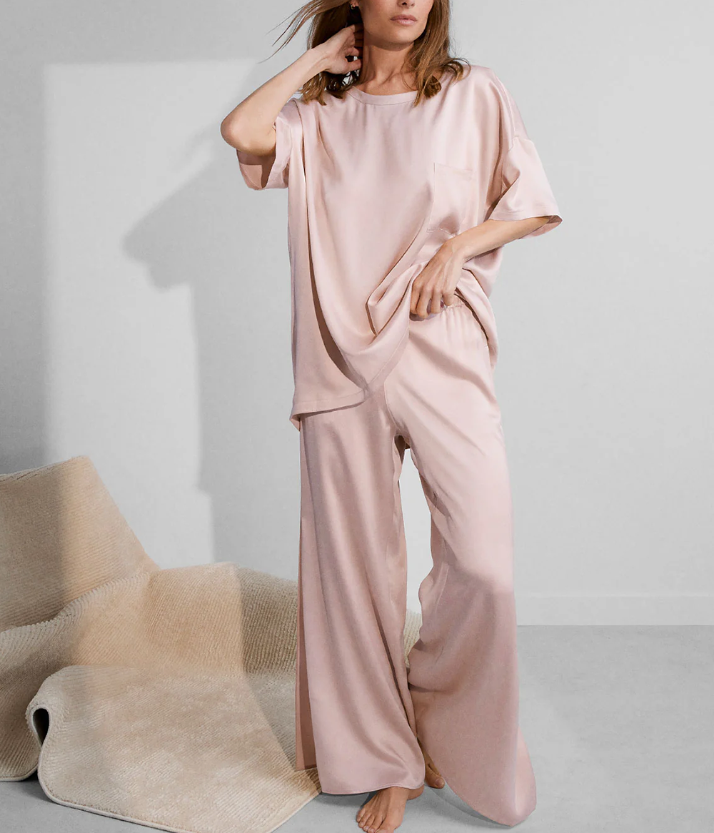 Washable Silk Tee Pant Set in Delicate Pink