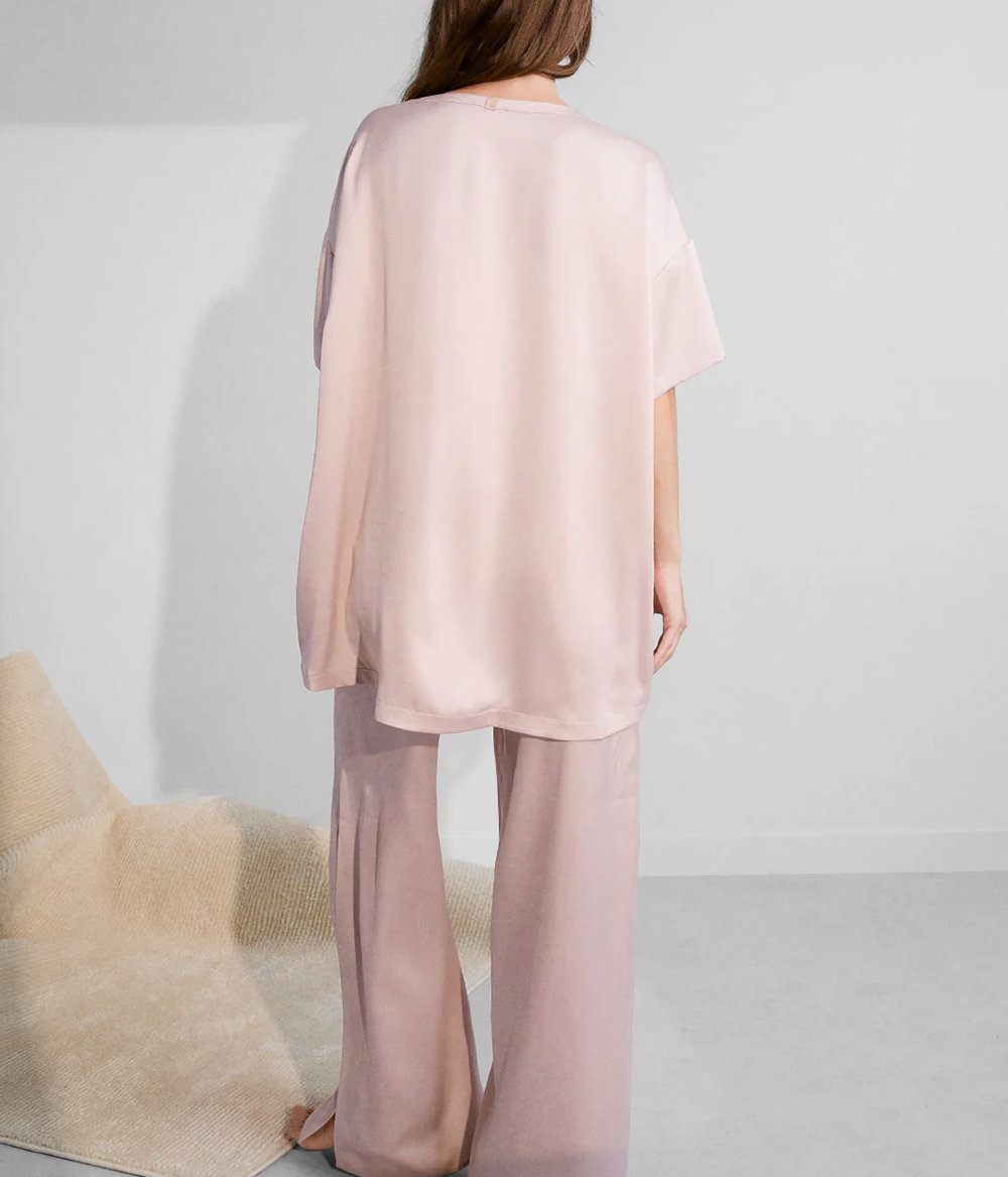 Washable Silk Tee Pant Set in Delicate Pink