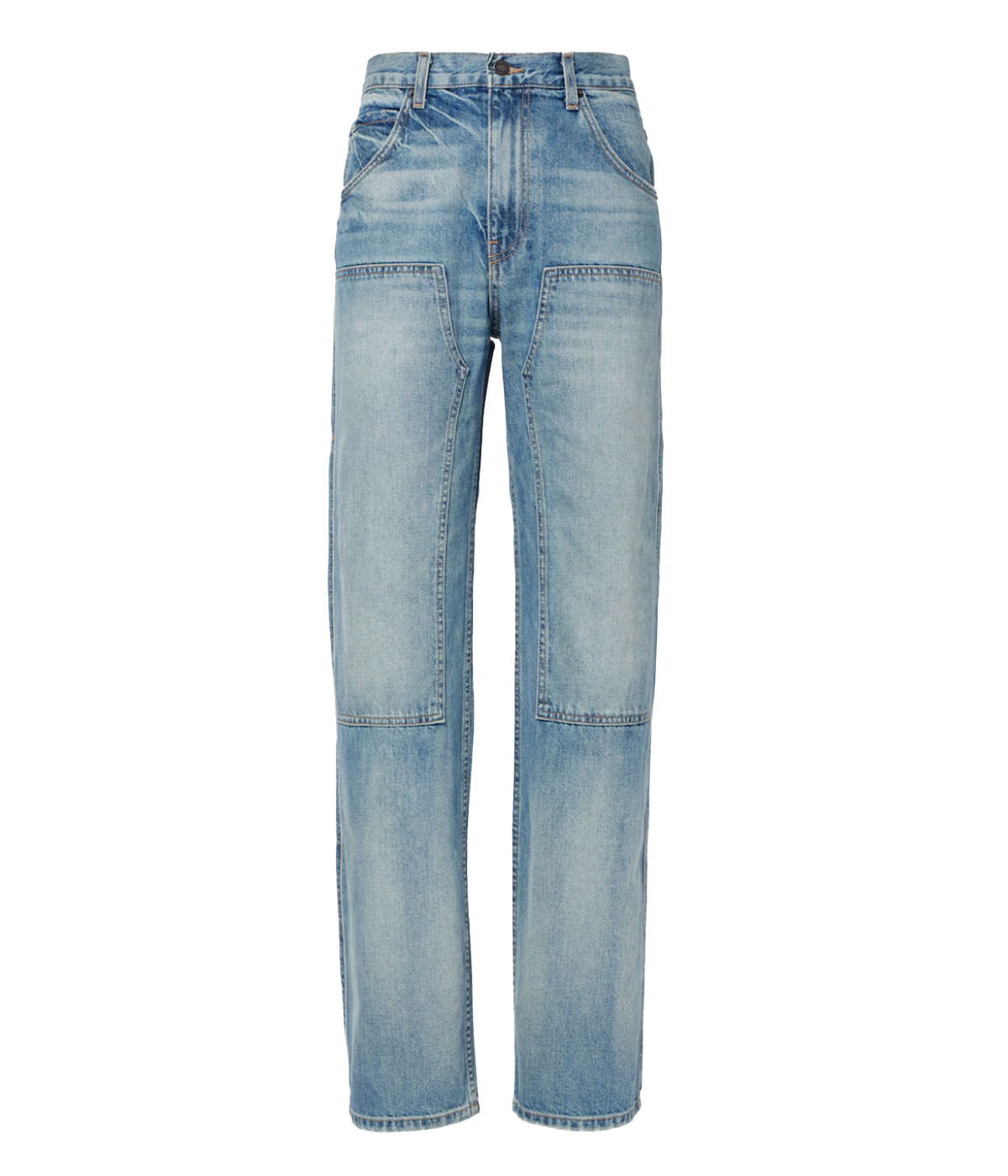 ALT Text: Non-stretch Japanese denim jeans with mid-rise, straight leg, welder patch details, zip fly, and five pockets.