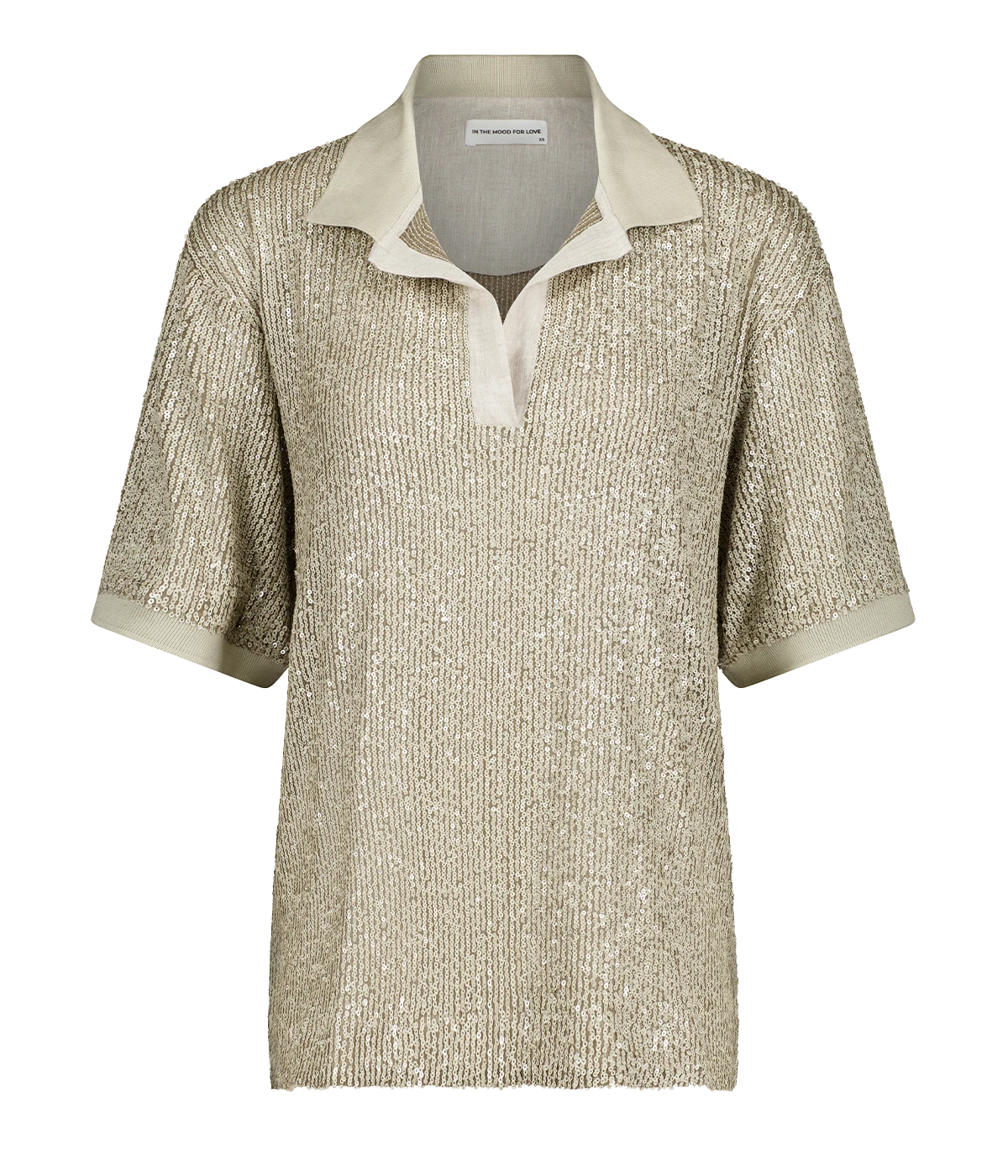 In the Mood for Love Pietra beige-gold polo shirt with shimmering sequin embellishments, offering a relaxed fit and elevated design for a bold, sophisticated look.