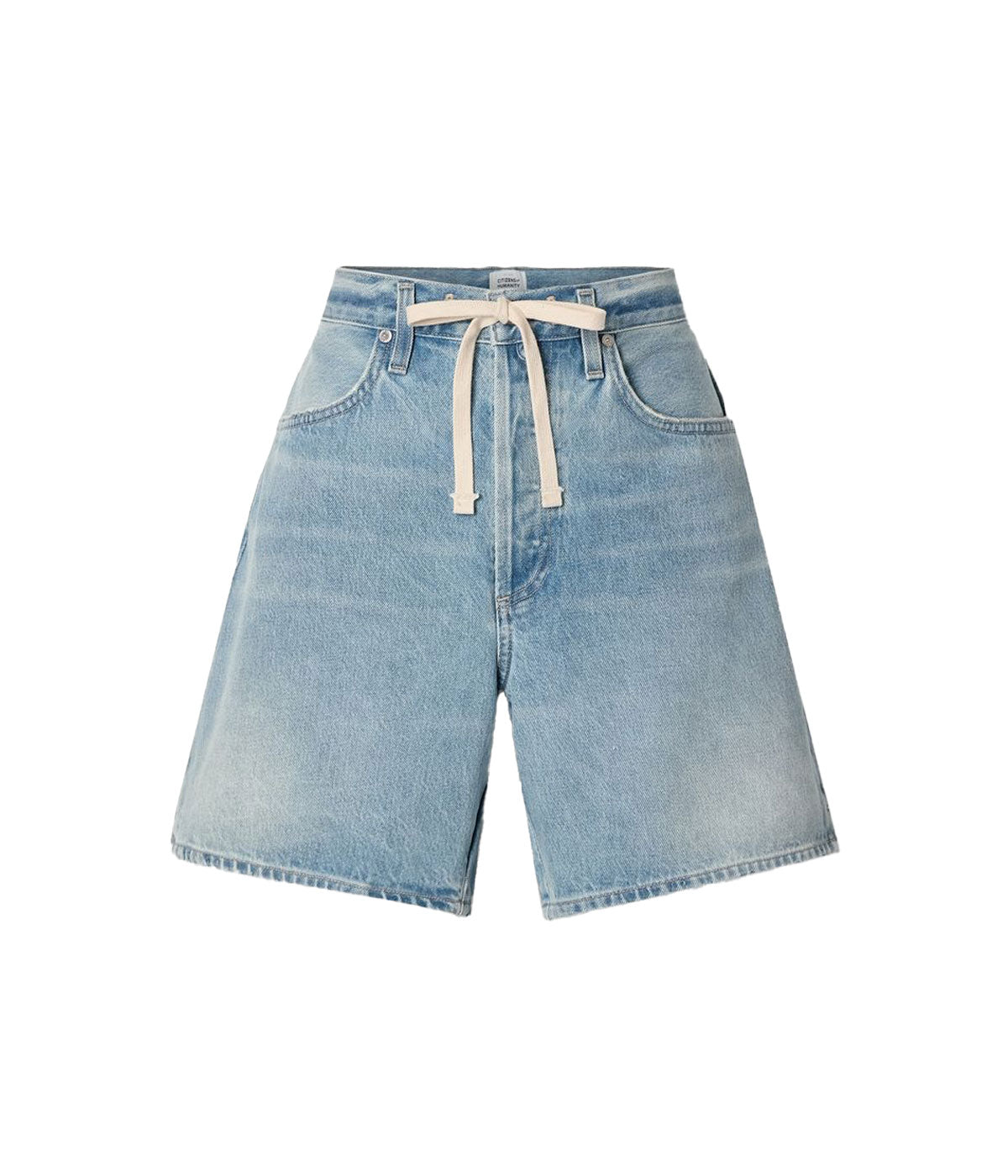 ALT Text: Brynn Short in light vintage indigo, featuring a relaxed fit, drawstring waistband, and finished hems, crafted from 100% regenerative cotton for a soft, breathable feel.