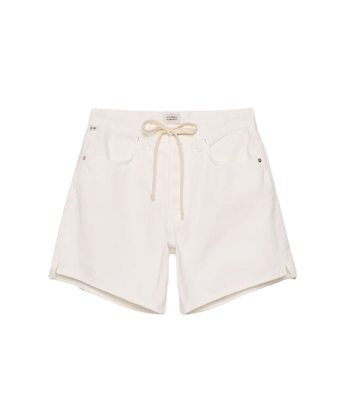 ALT Text: Brynn Short in white, featuring a relaxed fit with a drawstring waistband, roomy leg, and breathable cotton construction for a laid-back summer look.