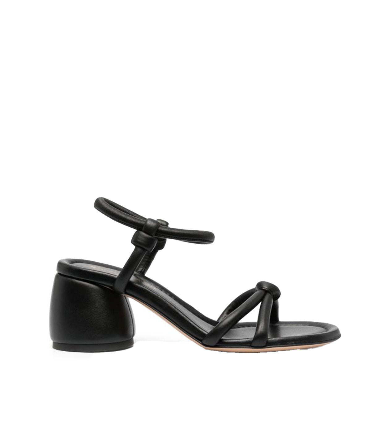 Gianvito Rossi Cassis 65 sandals in black with tubular leather straps, knotted detailing, and a 65mm block heel. Perfect for both day and evening wear.