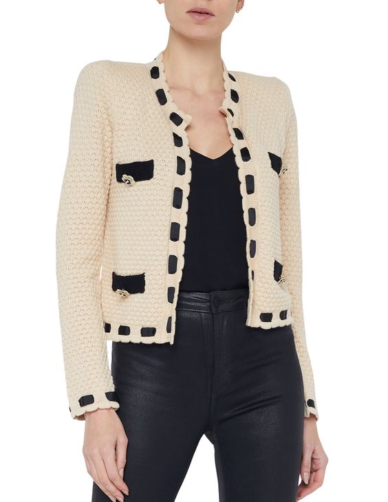 Astor Contrast Trim Cardi in Biscuit Black