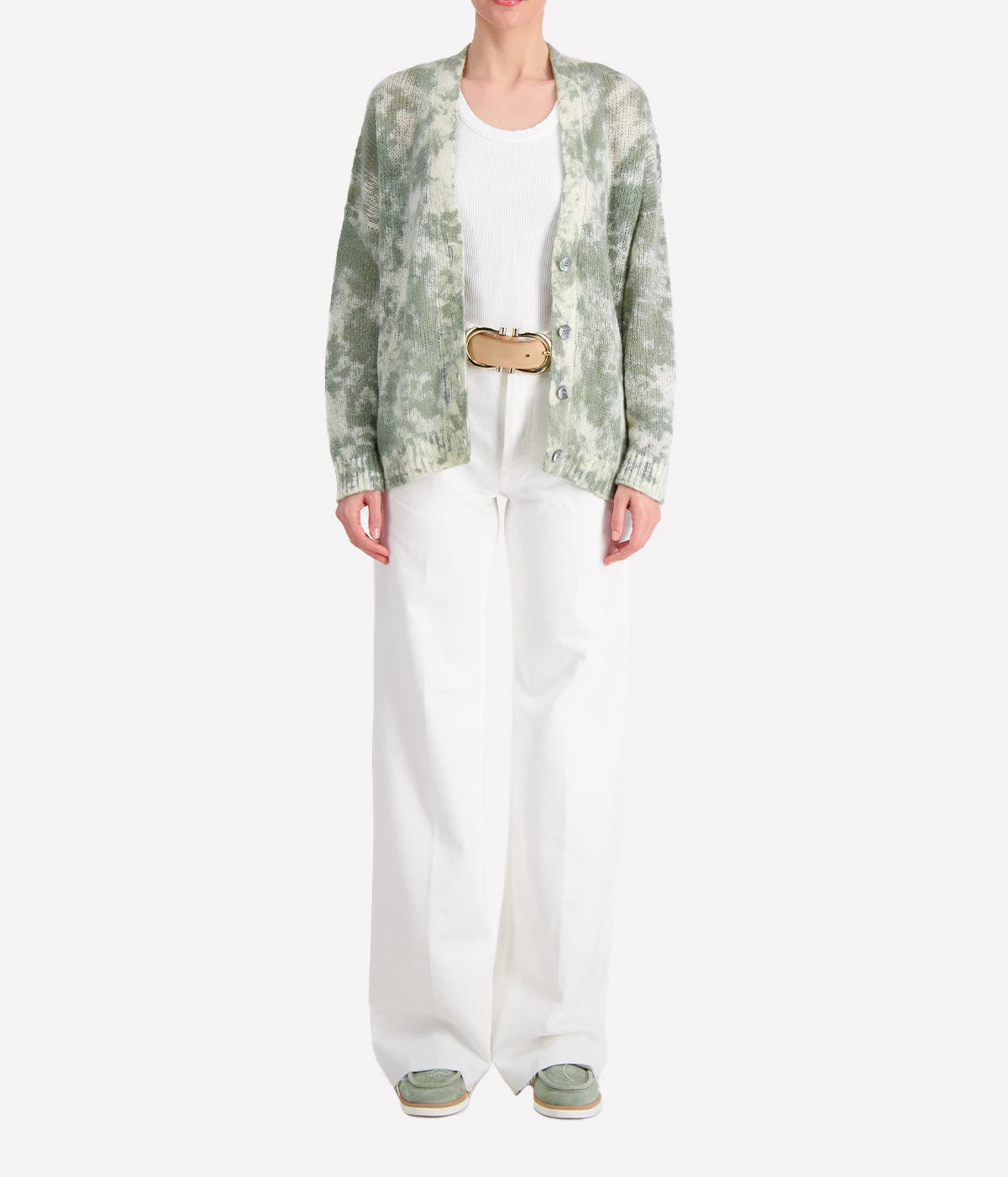 Camouflage V Neck Cardigan Cashmere Silk in Jade