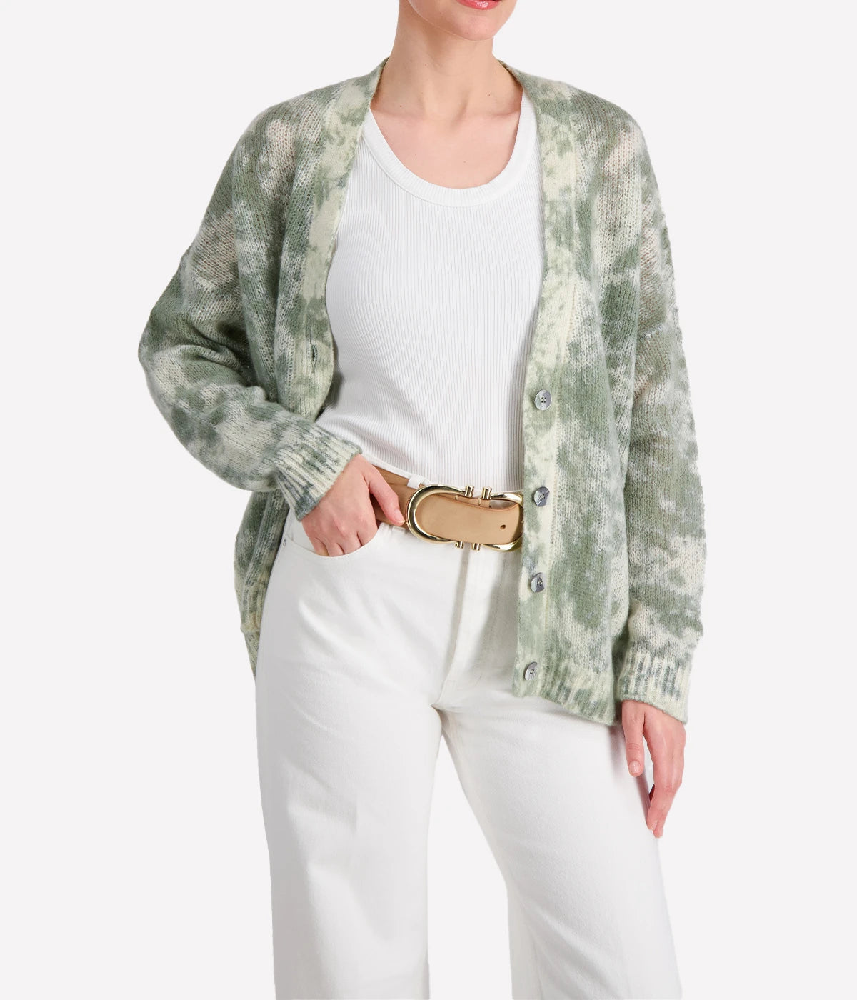 Camouflage V Neck Cardigan Cashmere Silk in Jade