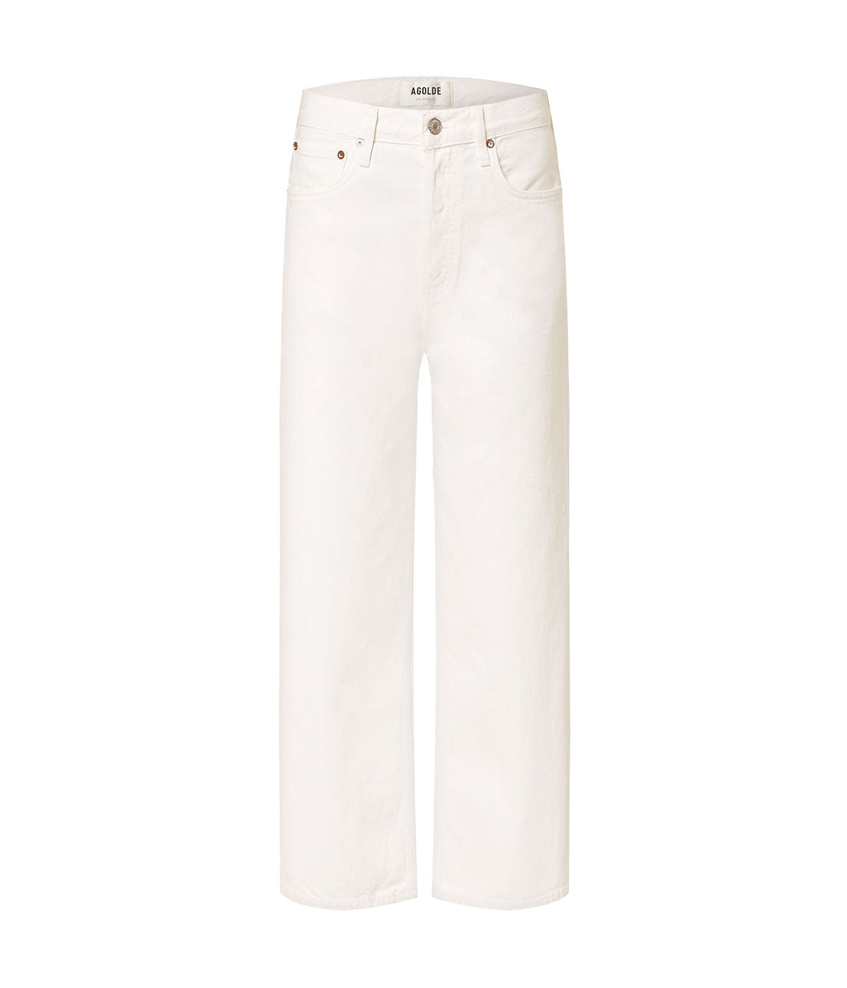 Ren Jean in eggshell warm white with a high-rise waist, relaxed fit through the hips, and wide-leg silhouette, made from 100% organic cotton for chic all-day comfort.