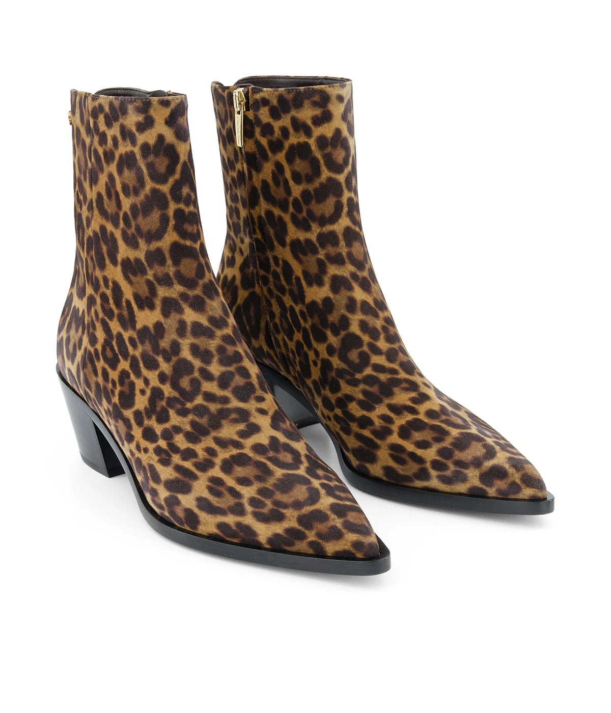 A chic ankle boot in leopard print with a 45mm block heel, made from pony-hair leather, styled as a bold accessory for neutral or monochromatic outfits.