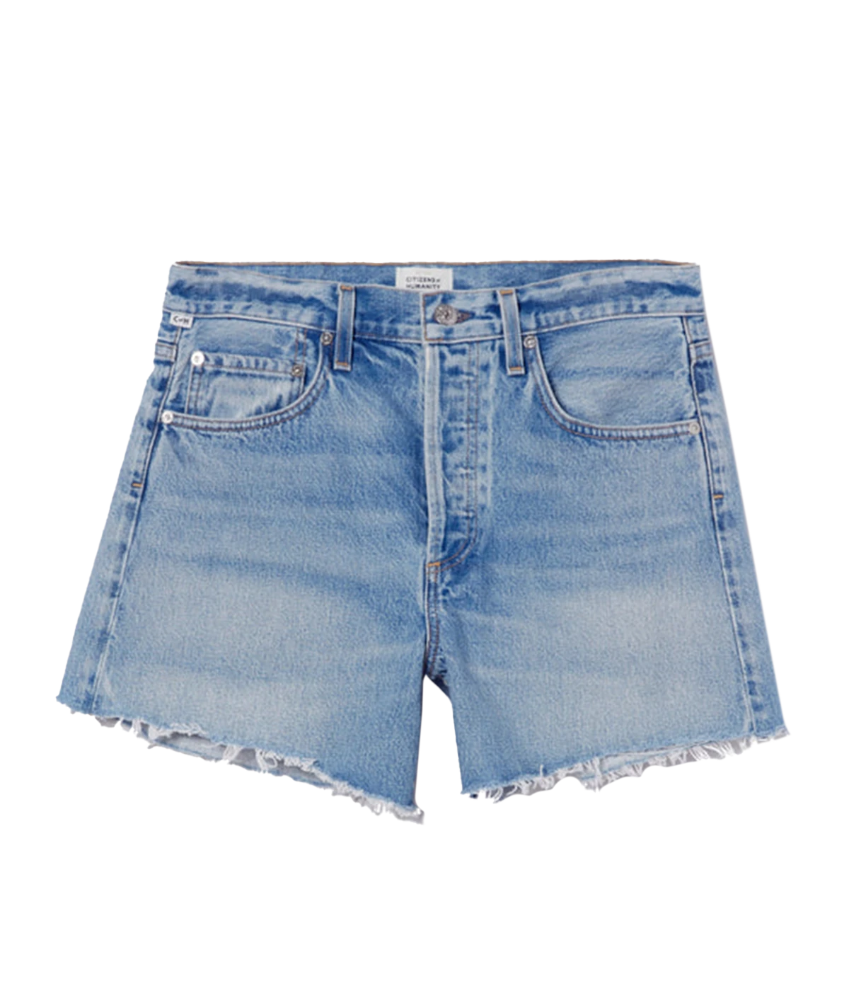 Relaxed-fit vintage-inspired denim shorts with distressed hems, styled with a linen button-up shirt and slides for an effortless summer look.