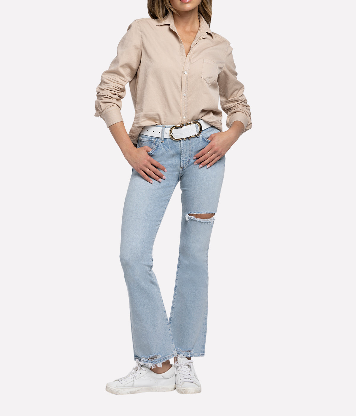 Eileen Woven Button Up in Sand Tattered Denim