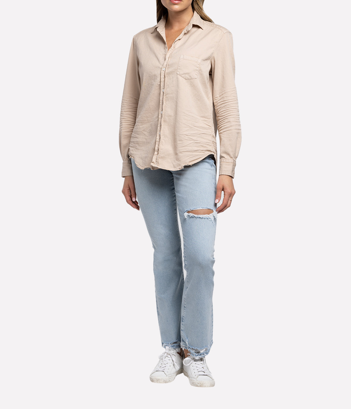 Eileen Woven Button Up in Sand Tattered Denim