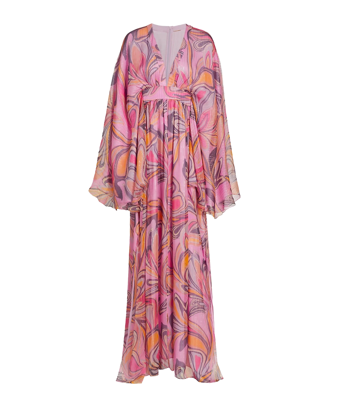 Image of a 70s inspired maxi dress in a retro inspired pink, yellow and purple print with metallic thread detail. Featuring an exaggerated sleeve, sinched waist line, v neck line, bra friendly, party dress, long lunch, evening, made in miami. 